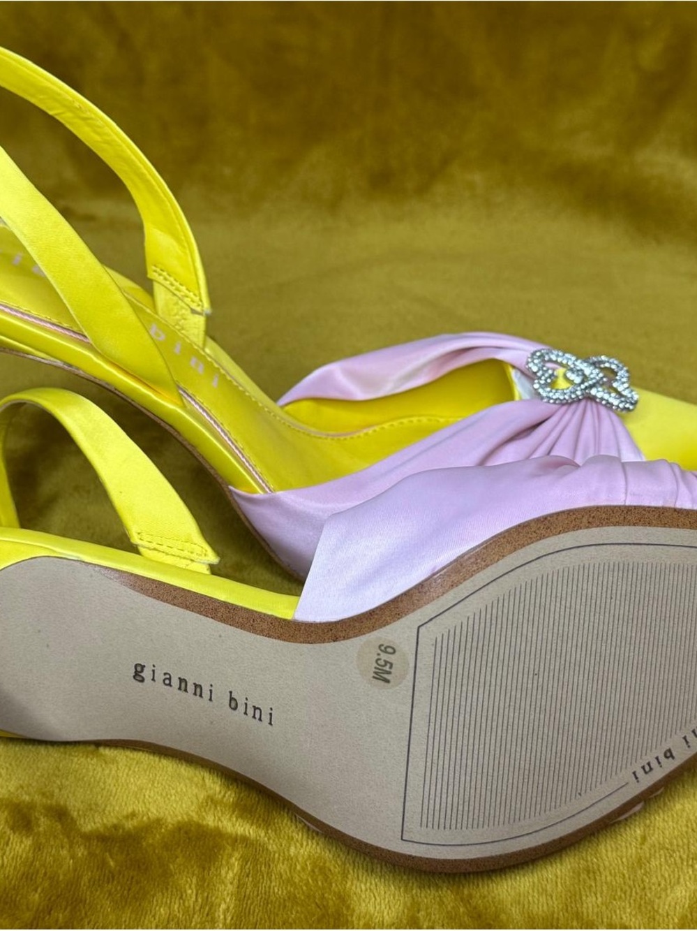 Gianni Bini Yellow and Light Pink Satin Slingback Heels with Crystal Buckle - Picture 6 of 6